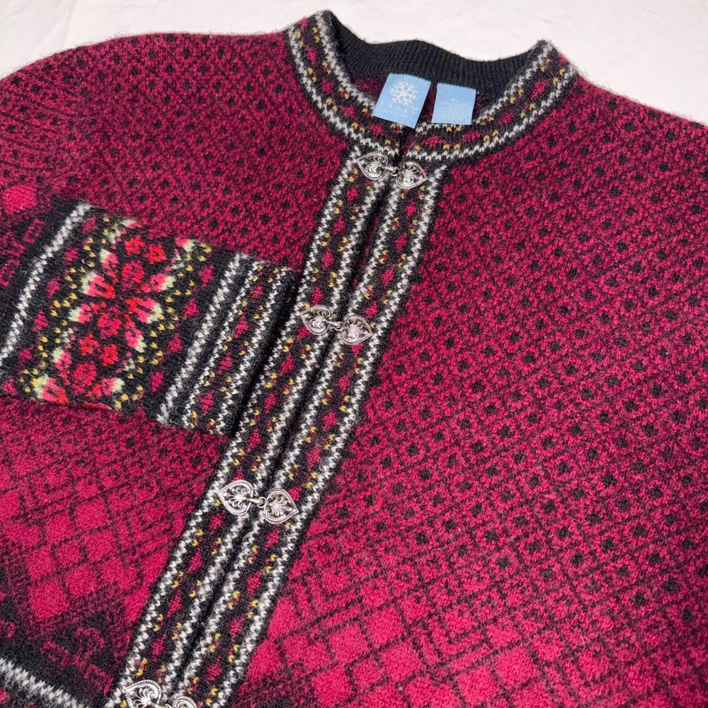 Vintage Frost Petite Large Burgundy Icelandic Fair Isle Snowflake Wool Cardigan